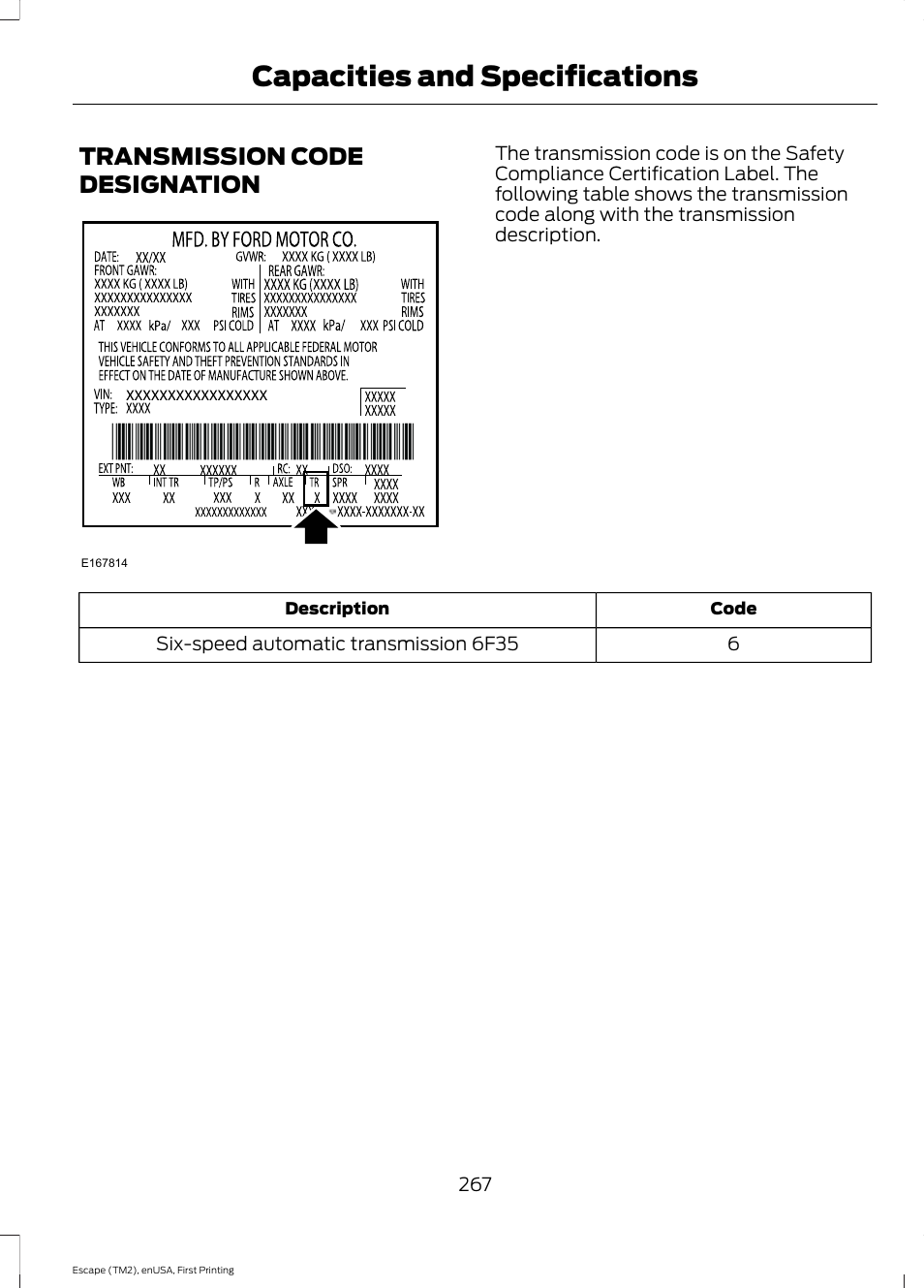 Transmission code designation, Capacities and specifications | FORD 2015 Escape User Manual | Page 270 / 449