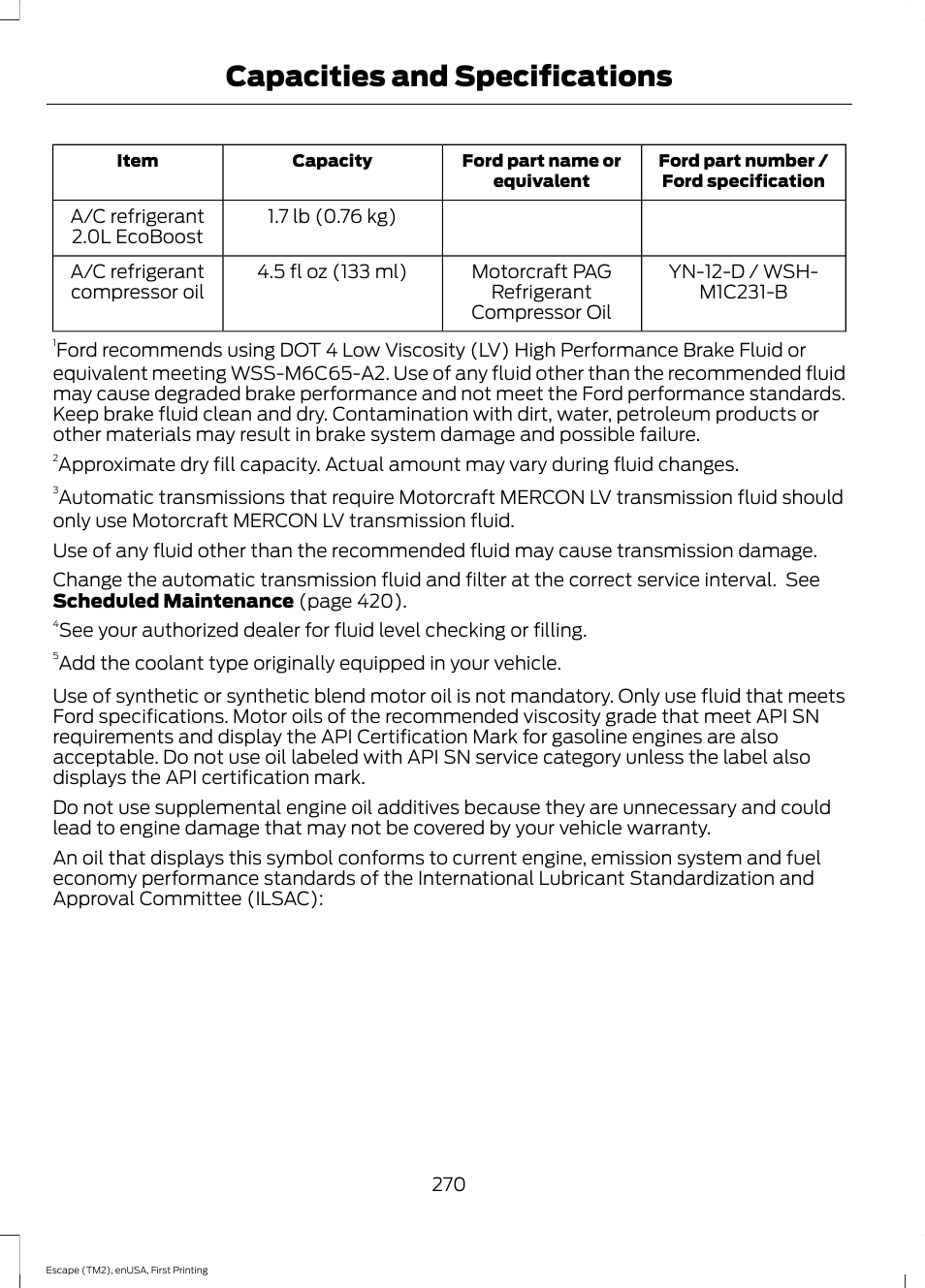 Capacities and specifications | FORD 2015 Escape User Manual | Page 273 / 449