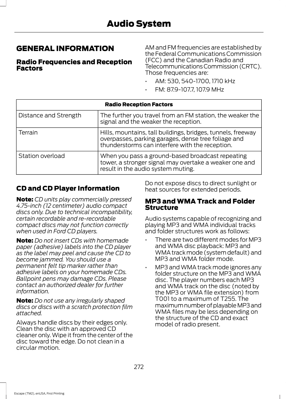 Audio system, General information | FORD 2015 Escape User Manual | Page 275 / 449