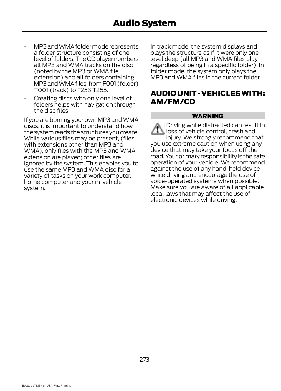 Audio unit, Audio unit - vehicles with: am/fm, Audio system | Audio unit - vehicles with: am/fm/cd | FORD 2015 Escape User Manual | Page 276 / 449