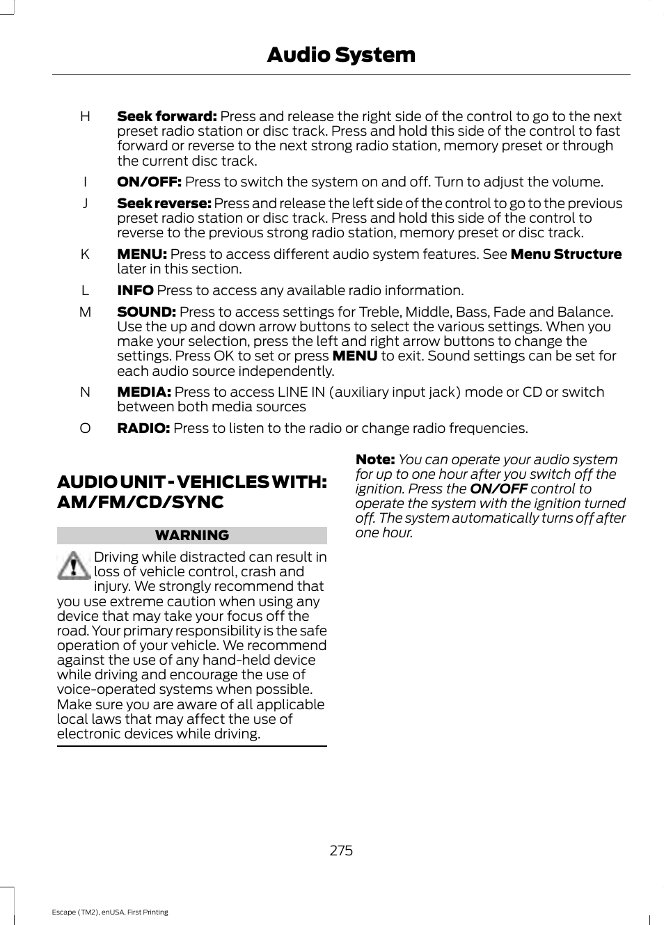 Audio unit, Audio unit - vehicles with: am/fm/cd, Sync | Audio system, Audio unit - vehicles with: am/fm/cd/sync | FORD 2015 Escape User Manual | Page 278 / 449