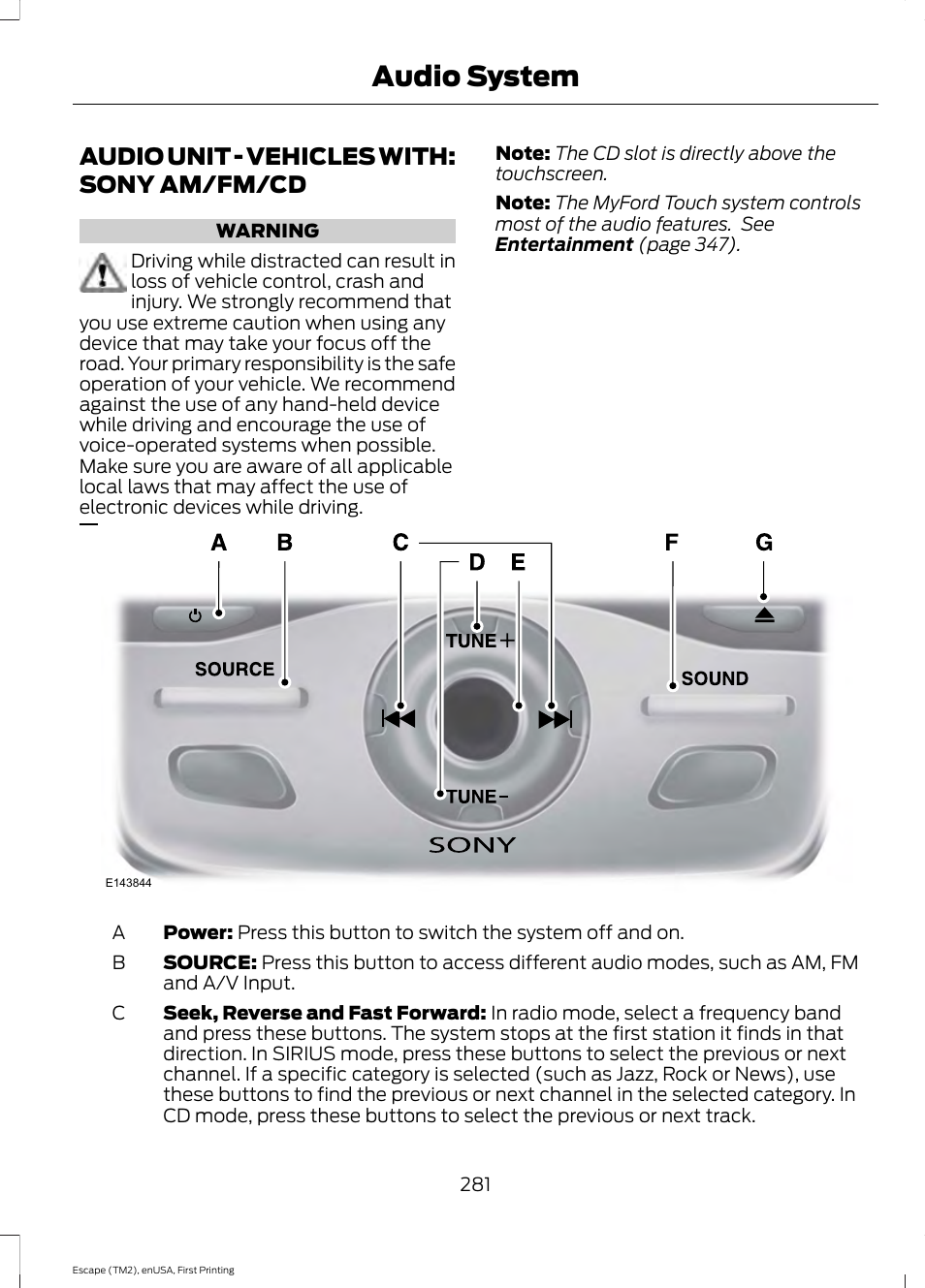 Audio unit, Audio unit - vehicles with: sony am/fm, Audio system | Audio unit - vehicles with: sony am/fm/cd | FORD 2015 Escape User Manual | Page 284 / 449