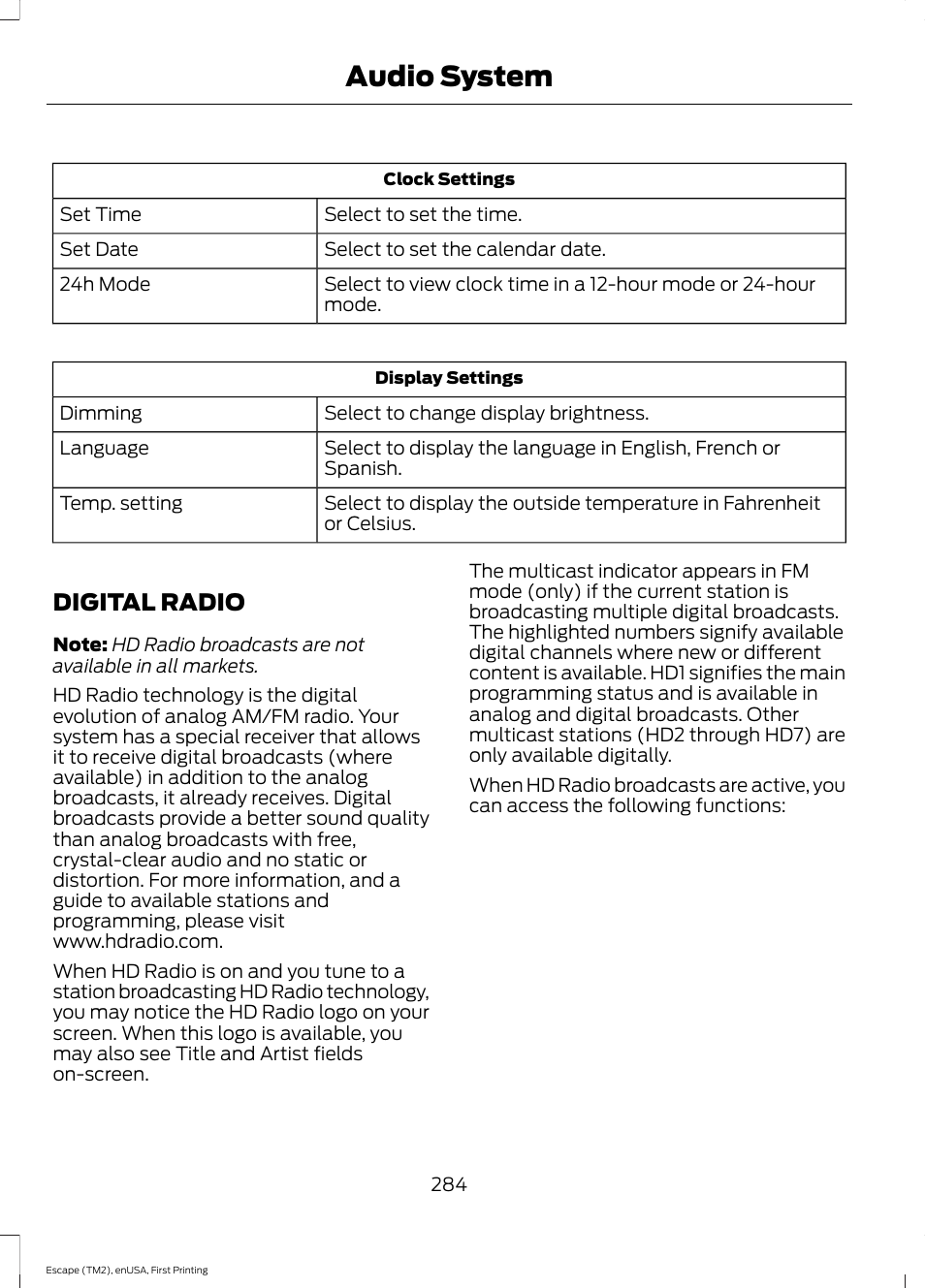 Digital radio, Audio system | FORD 2015 Escape User Manual | Page 287 / 449