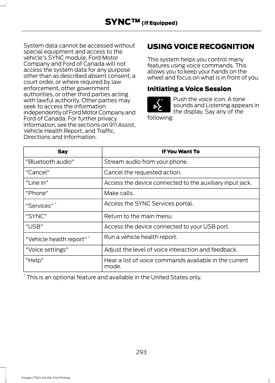 Using voice recognition, Sync | FORD 2015 Escape User Manual | Page 296 / 449