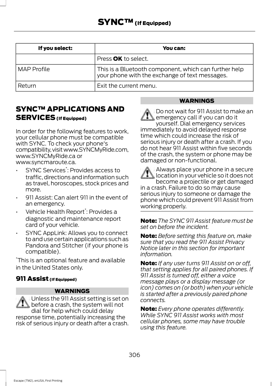 Sync™ applications and services, Sync | FORD 2015 Escape User Manual | Page 309 / 449