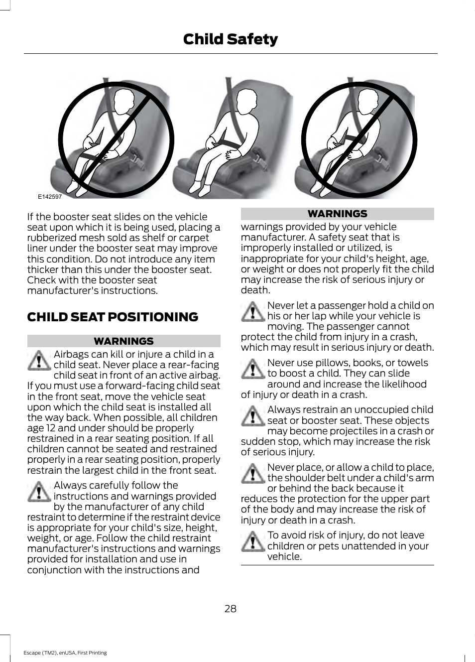 Child seat positioning, Child safety | FORD 2015 Escape User Manual | Page 31 / 449