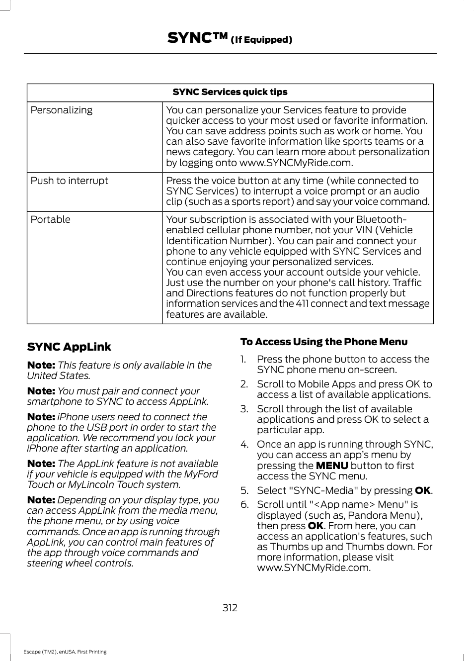 Sync | FORD 2015 Escape User Manual | Page 315 / 449