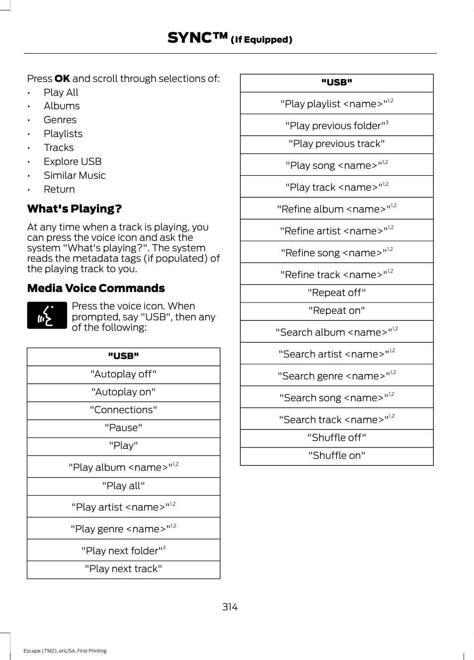 Sync, What's playing, Media voice commands | FORD 2015 Escape User Manual | Page 317 / 449