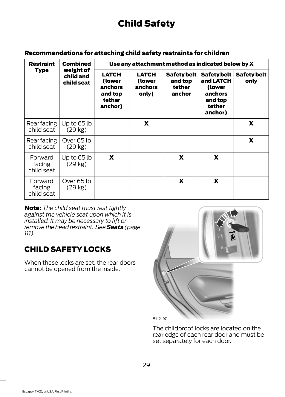 Child safety locks, Child safety | FORD 2015 Escape User Manual | Page 32 / 449