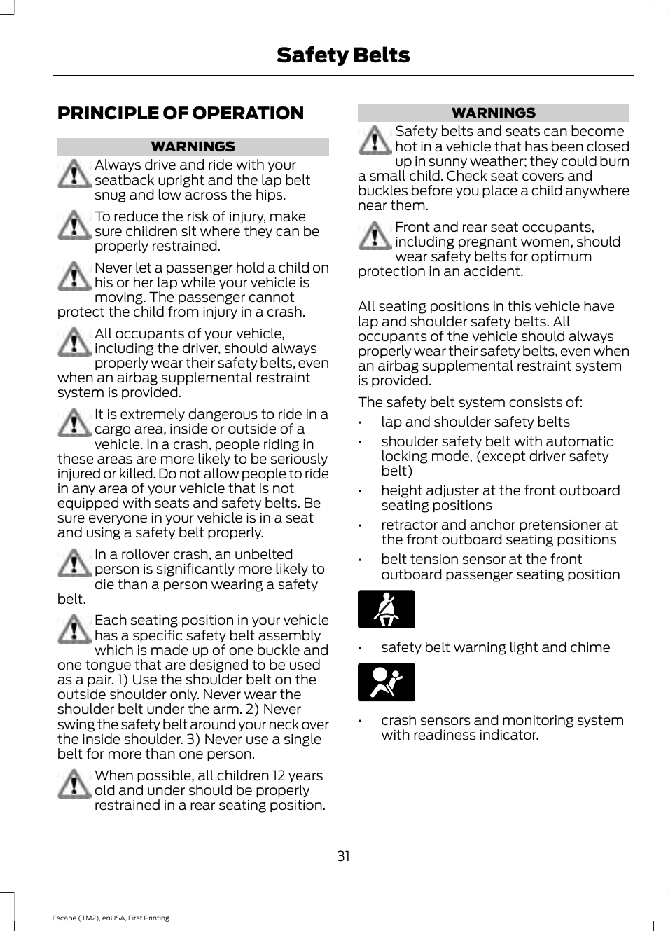 Safety belts, Principle of operation | FORD 2015 Escape User Manual | Page 34 / 449