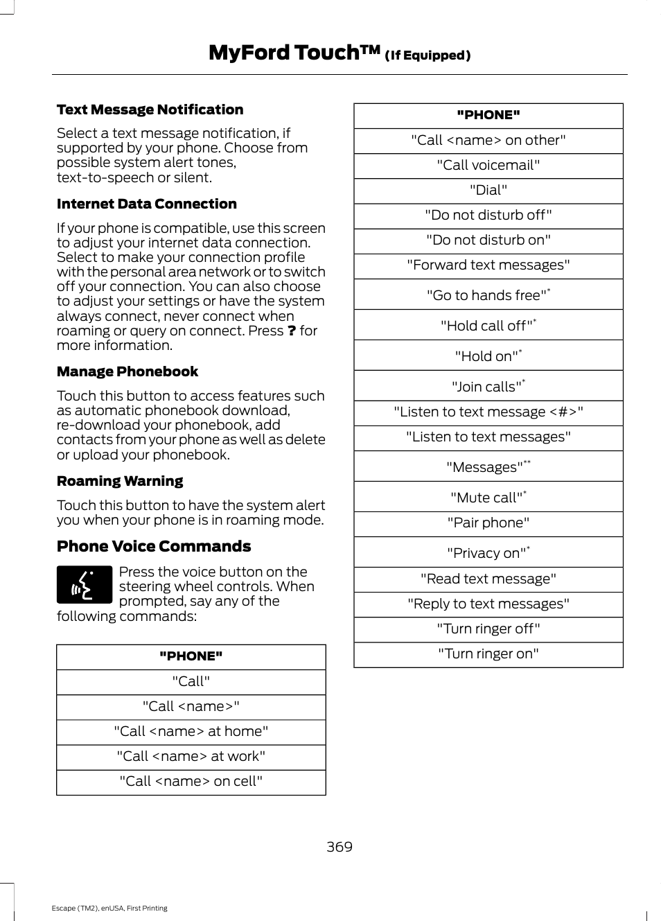 Myford touch, Phone voice commands | FORD 2015 Escape User Manual | Page 372 / 449