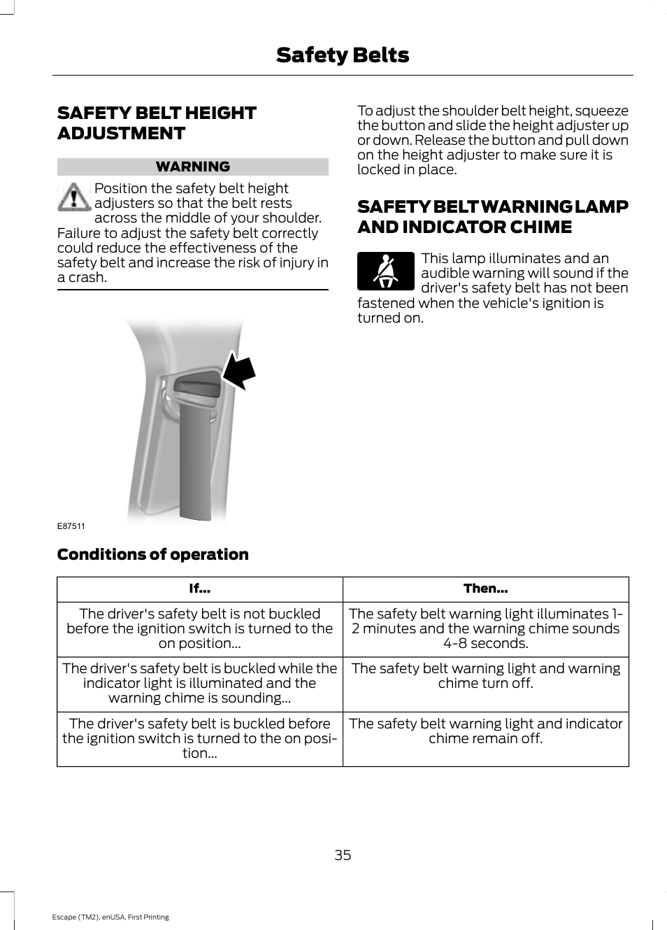 Safety belt height adjustment, Safety belt warning lamp and indicator chime, Chime | Safety belts | FORD 2015 Escape User Manual | Page 38 / 449