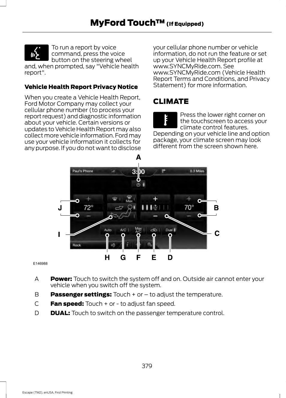Climate, Myford touch | FORD 2015 Escape User Manual | Page 382 / 449