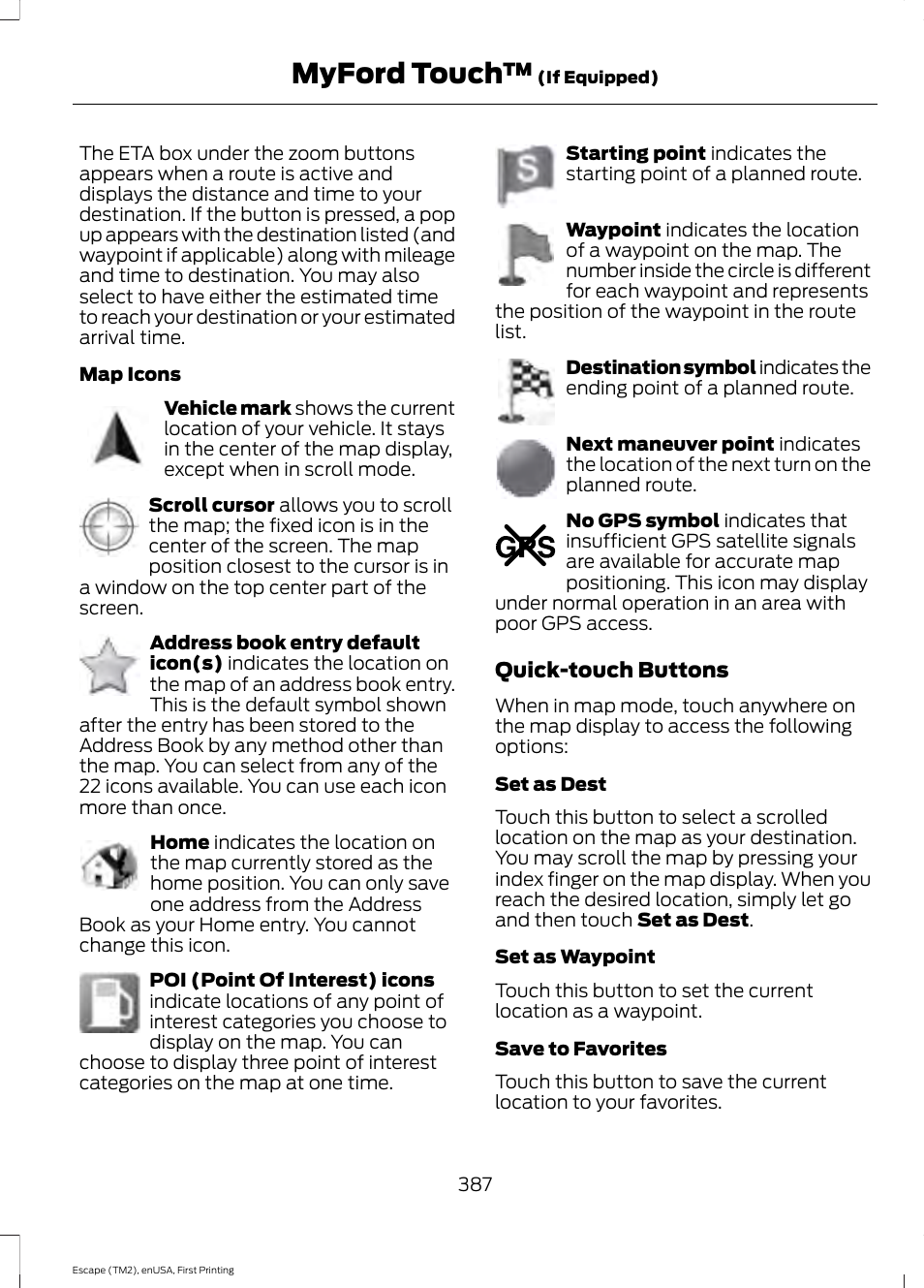 Myford touch, Quick-touch buttons | FORD 2015 Escape User Manual | Page 390 / 449