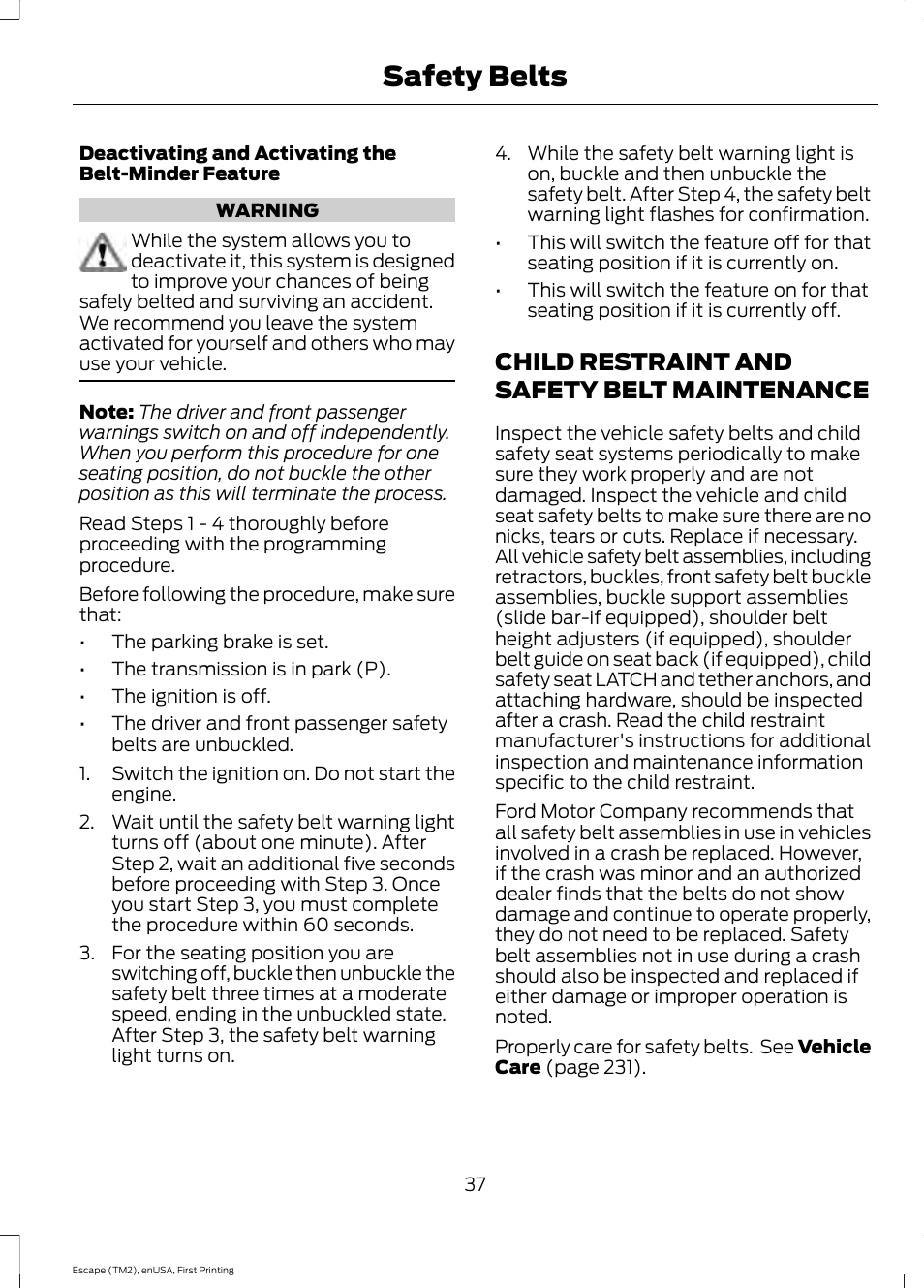 Child restraint and safety belt maintenance, Child restraint and safety belt, Maintenance | Safety belts | FORD 2015 Escape User Manual | Page 40 / 449