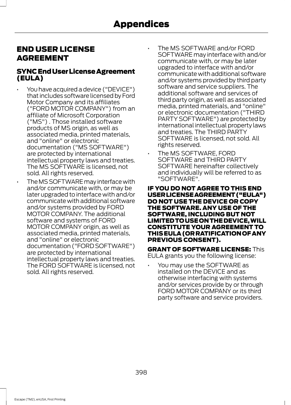 Appendices, End user license agreement | FORD 2015 Escape User Manual | Page 401 / 449