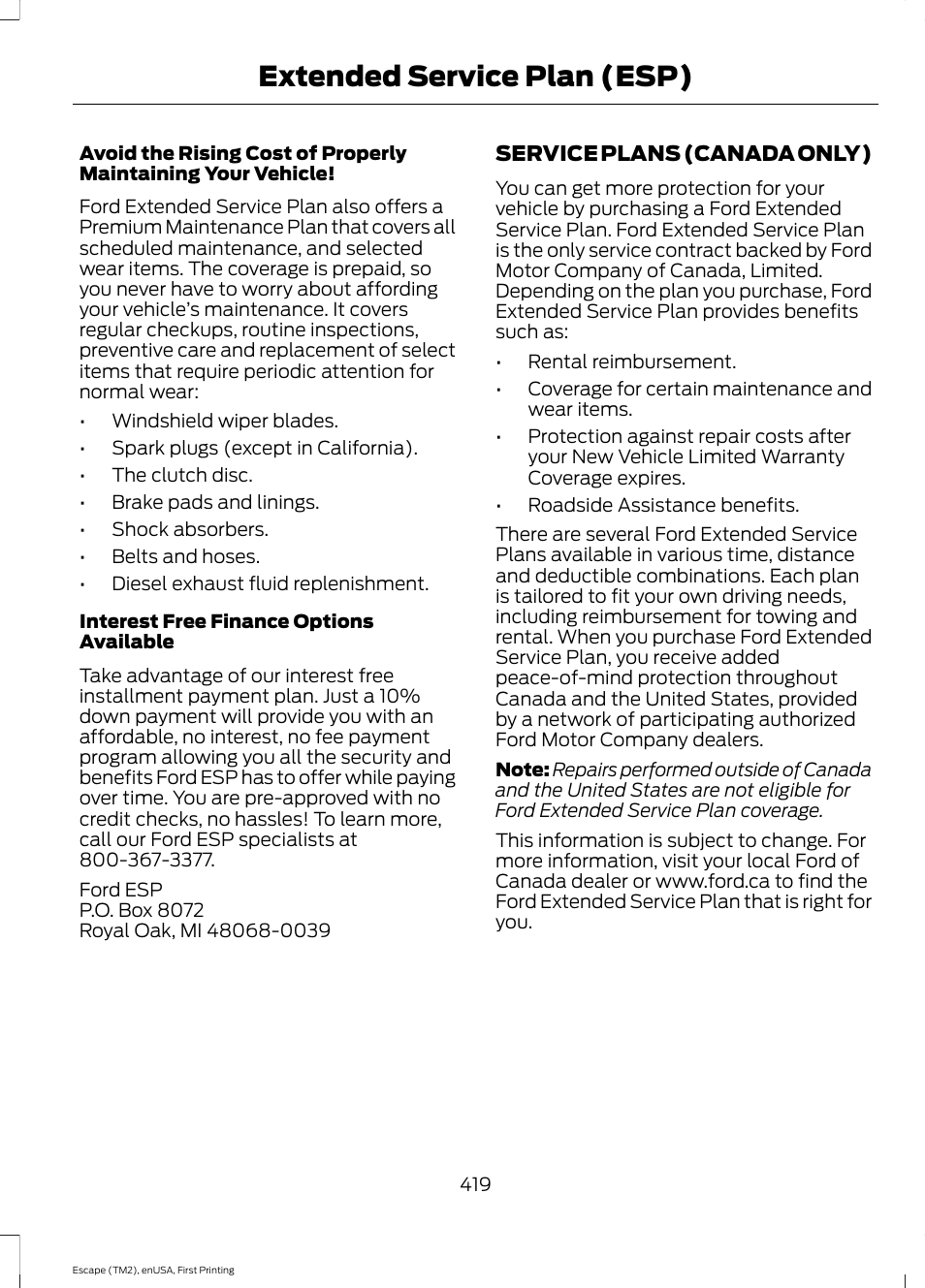 Extended service plan (esp) | FORD 2015 Escape User Manual | Page 422 / 449