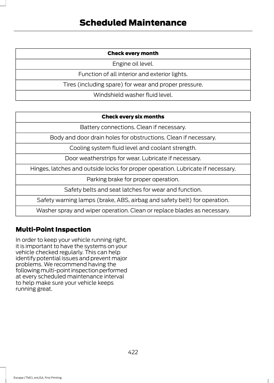 Scheduled maintenance | FORD 2015 Escape User Manual | Page 425 / 449