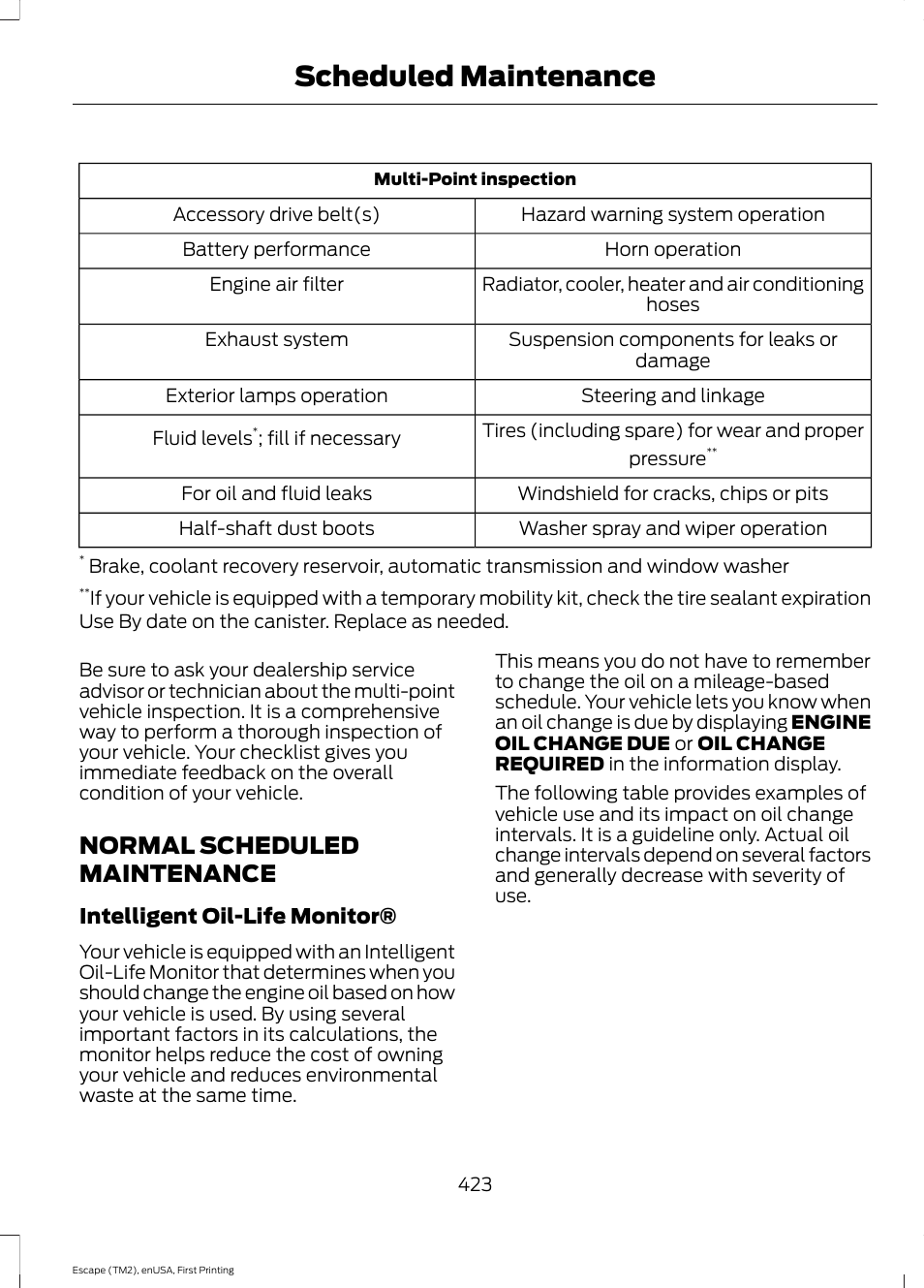 Normal scheduled maintenance, Scheduled maintenance | FORD 2015 Escape User Manual | Page 426 / 449