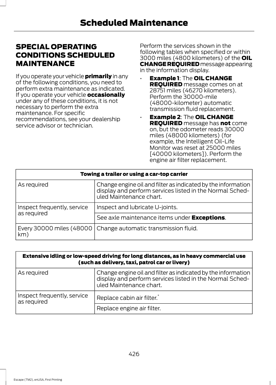 Special operating conditions scheduled maintenance, Special operating conditions scheduled, Maintenance | Scheduled maintenance | FORD 2015 Escape User Manual | Page 429 / 449