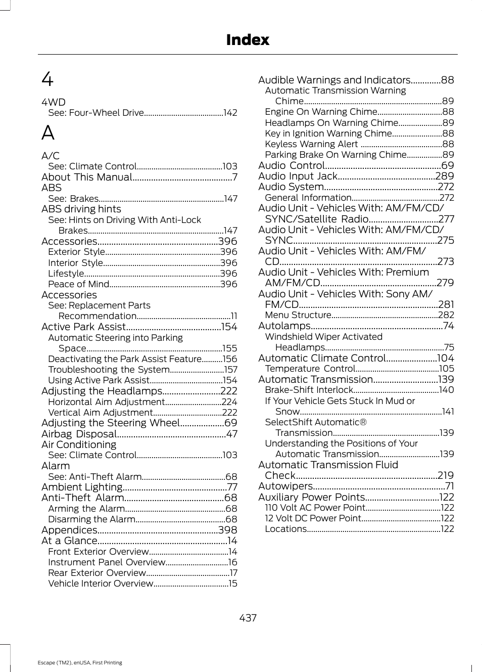 Index | FORD 2015 Escape User Manual | Page 440 / 449