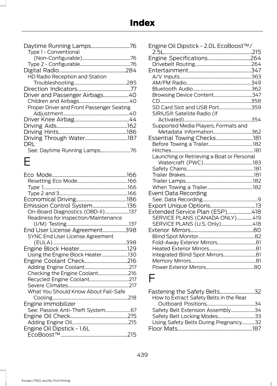 Index | FORD 2015 Escape User Manual | Page 442 / 449