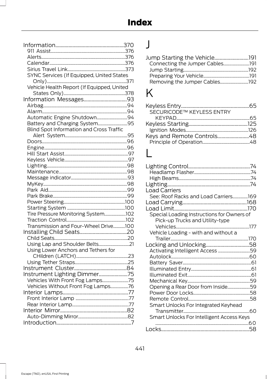 Index | FORD 2015 Escape User Manual | Page 444 / 449