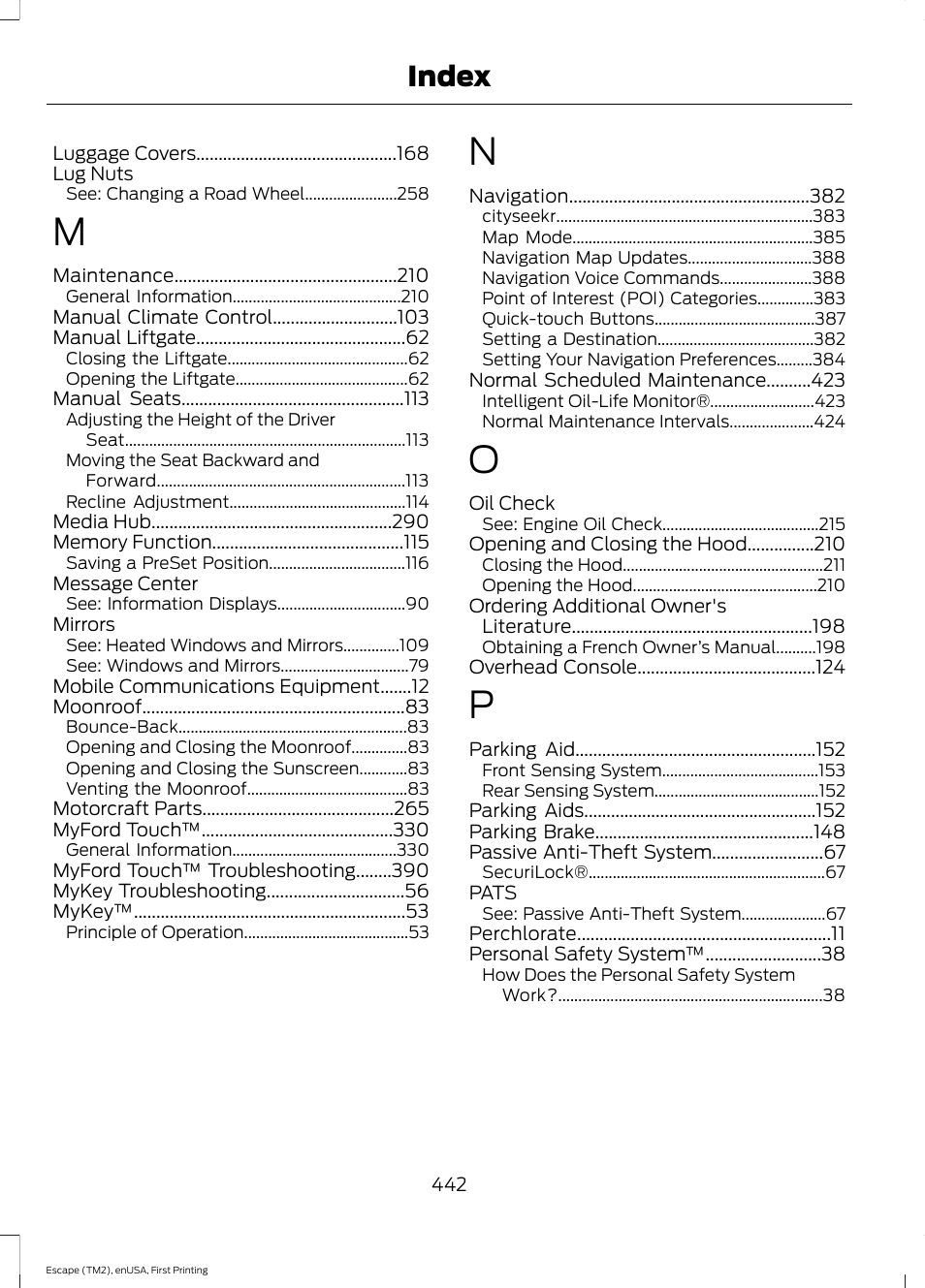 Index | FORD 2015 Escape User Manual | Page 445 / 449
