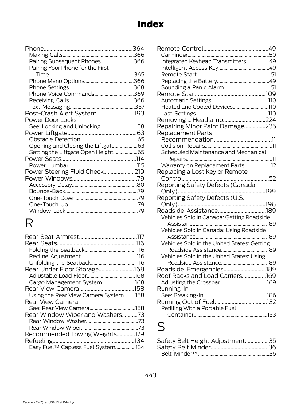 Index | FORD 2015 Escape User Manual | Page 446 / 449