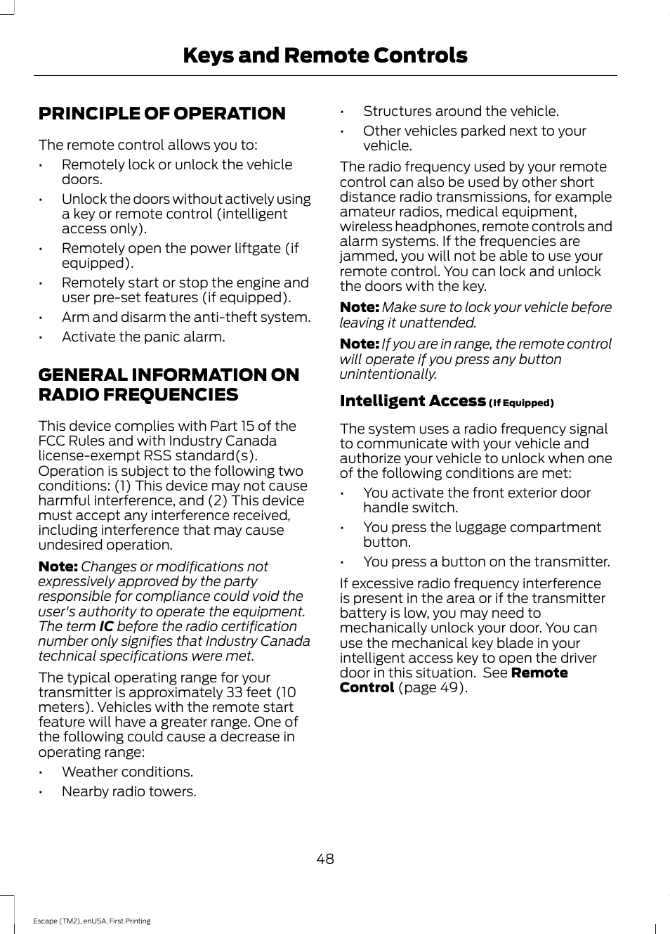 Keys and remote controls, Principle of operation, General information on radio frequencies | Frequencies | FORD 2015 Escape User Manual | Page 51 / 449