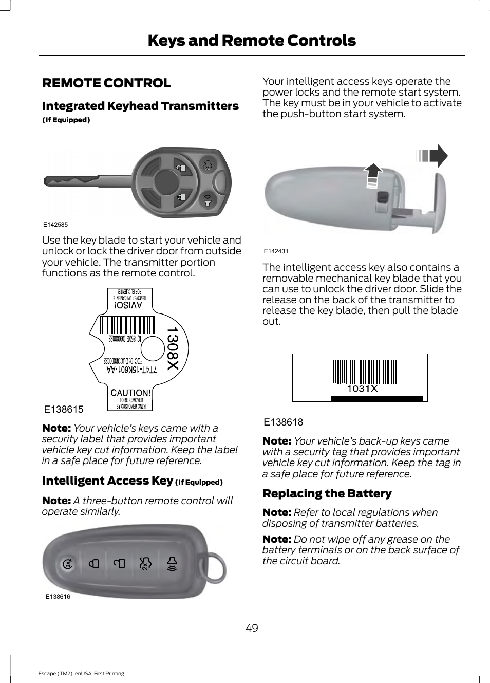 Remote control, Keys and remote controls | FORD 2015 Escape User Manual | Page 52 / 449