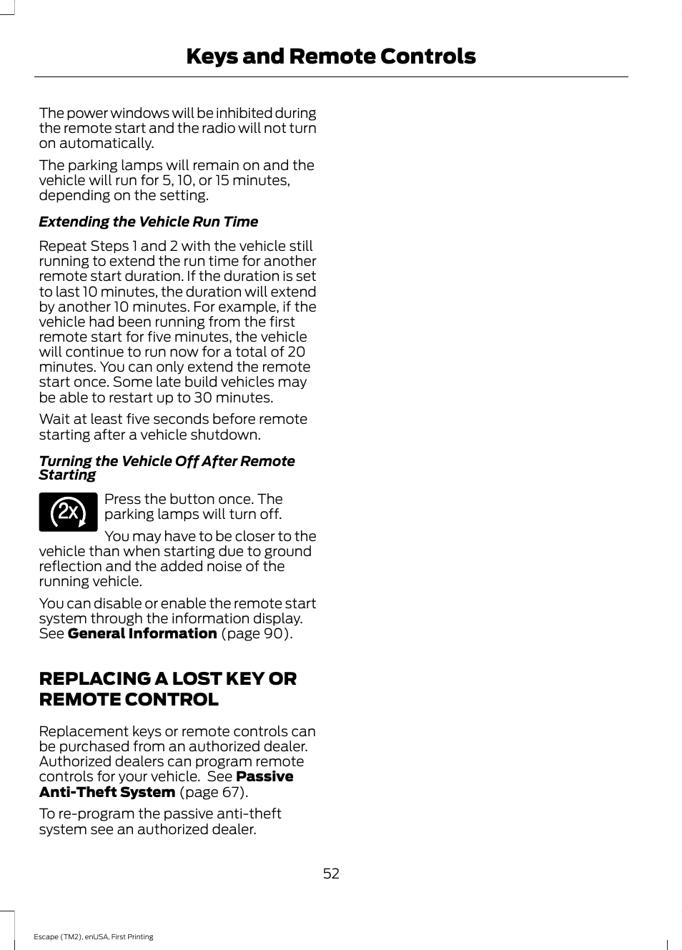 Replacing a lost key or remote control, Replacing a lost key or remote, Control | Keys and remote controls | FORD 2015 Escape User Manual | Page 55 / 449