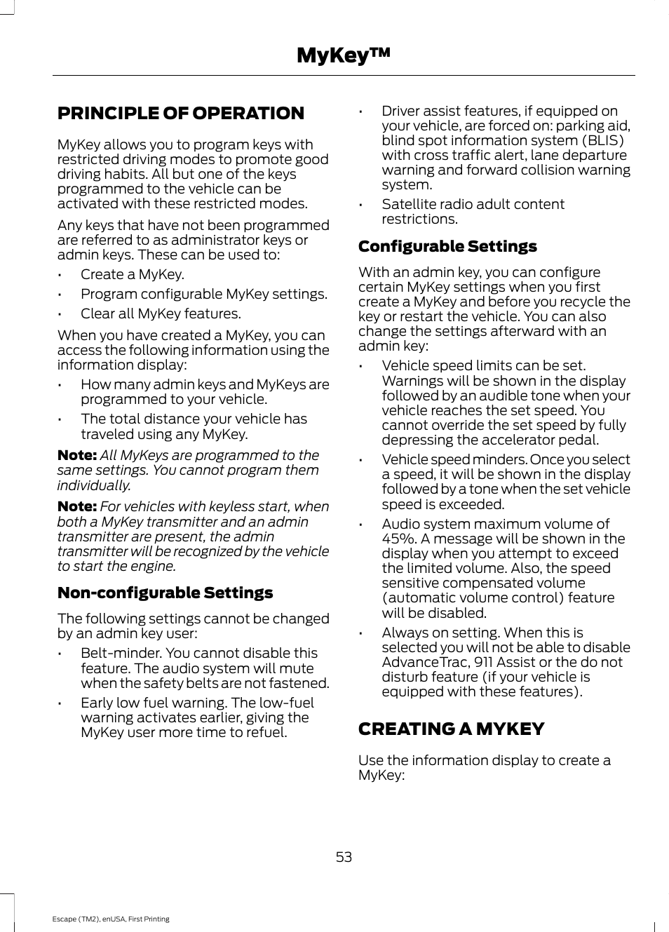 Mykey, Principle of operation, Creating a mykey | Principle of operation creating a mykey | FORD 2015 Escape User Manual | Page 56 / 449