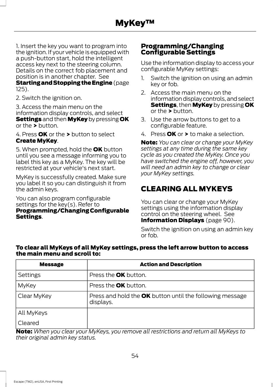 Clearing all mykeys, Mykey | FORD 2015 Escape User Manual | Page 57 / 449