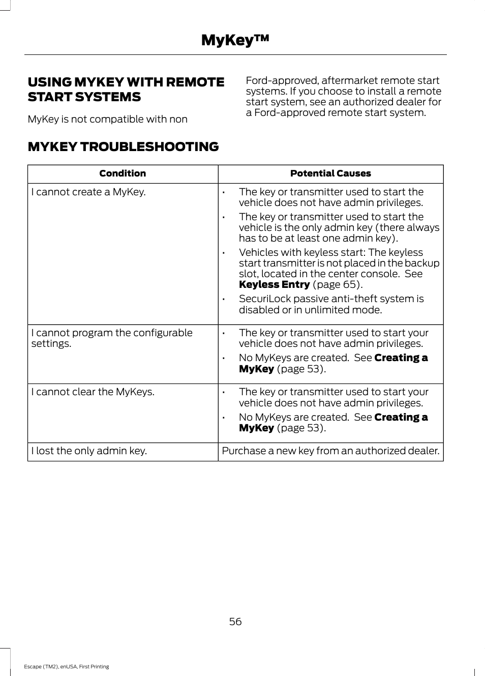 Using mykey with remote start systems, Mykey troubleshooting, Using mykey with remote start | Systems, Mykey | FORD 2015 Escape User Manual | Page 59 / 449