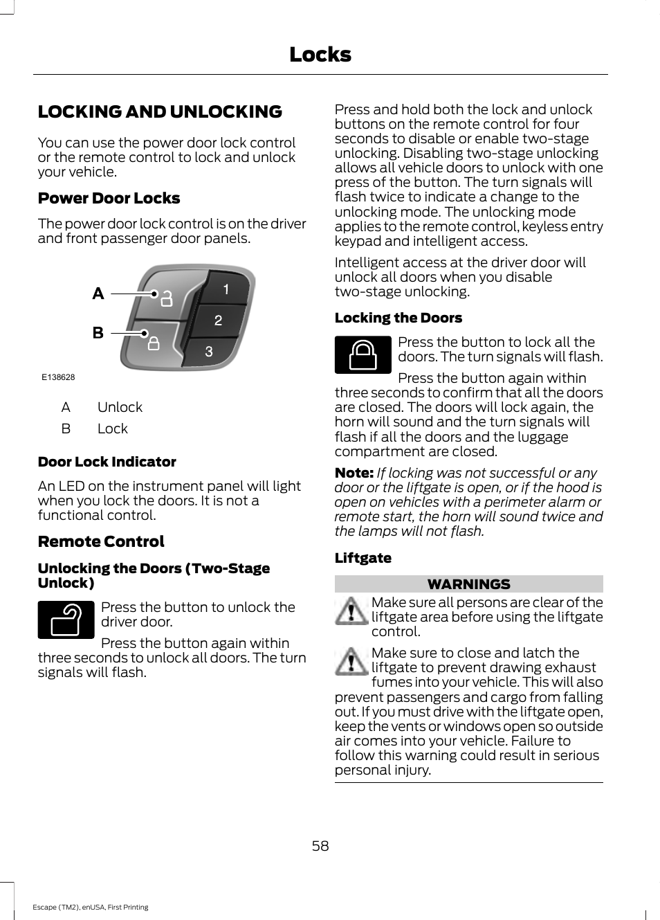 Locks, Locking and unlocking | FORD 2015 Escape User Manual | Page 61 / 449