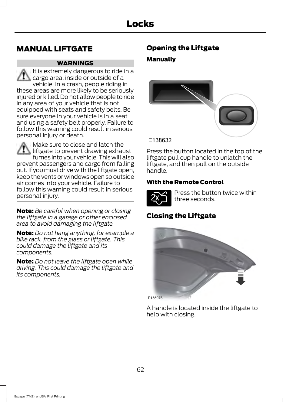 Manual liftgate, Locks | FORD 2015 Escape User Manual | Page 65 / 449