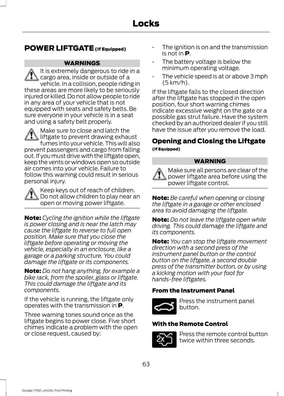 Power liftgate, Locks | FORD 2015 Escape User Manual | Page 66 / 449