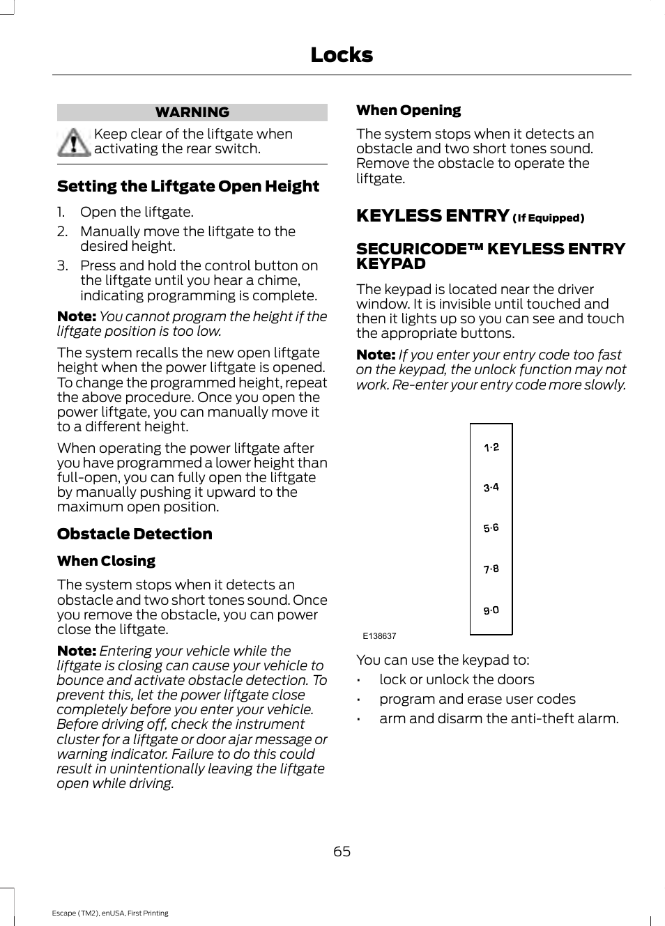 Keyless entry, Locks | FORD 2015 Escape User Manual | Page 68 / 449