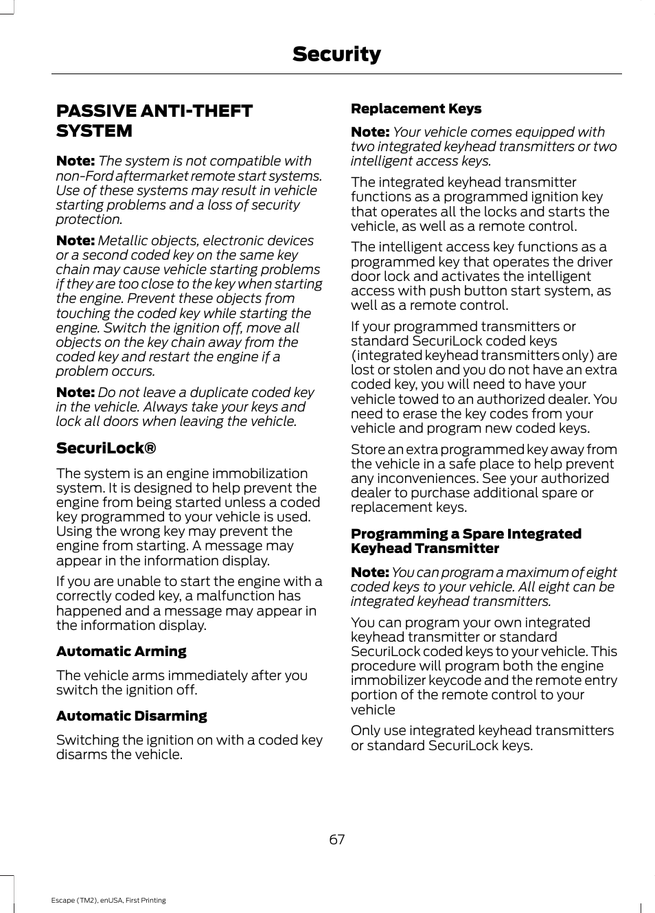 Security, Passive anti-theft system | FORD 2015 Escape User Manual | Page 70 / 449