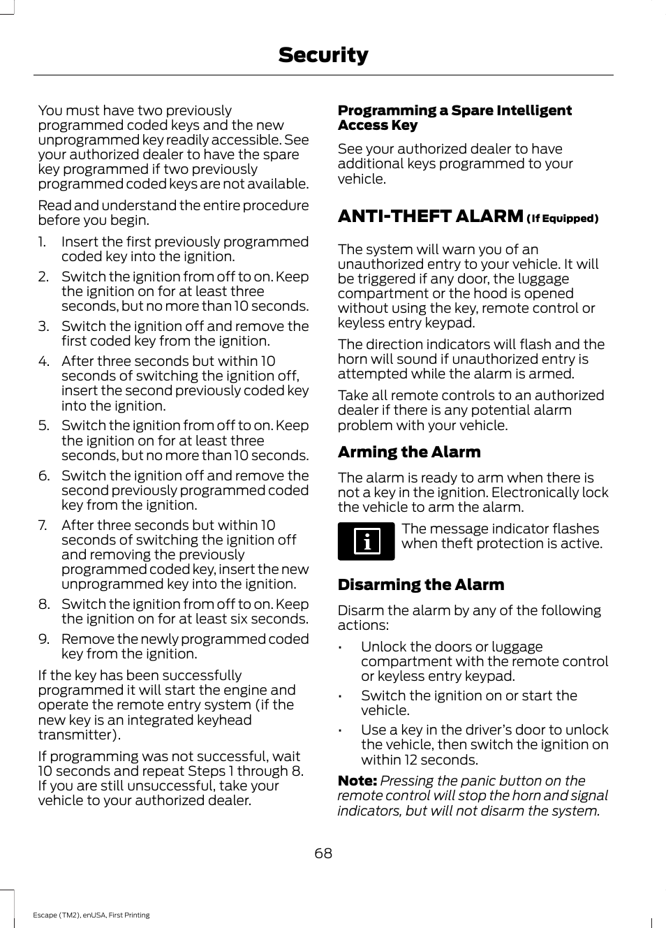 Anti-theft alarm, Security | FORD 2015 Escape User Manual | Page 71 / 449