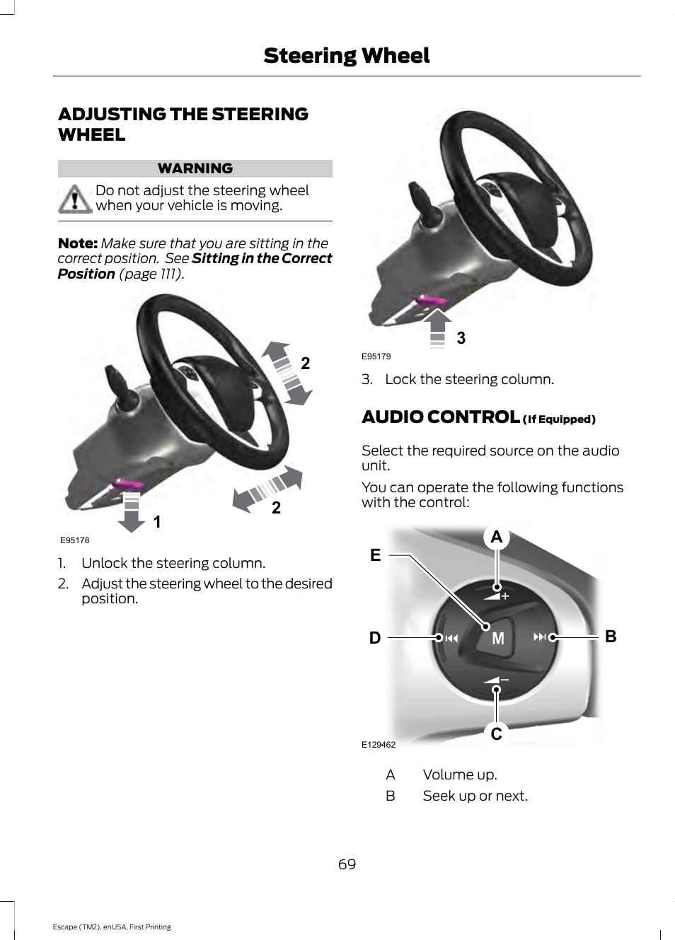 Steering wheel, Adjusting the steering wheel, Audio control | Adjusting the steering wheel audio control, Bd c a e | FORD 2015 Escape User Manual | Page 72 / 449