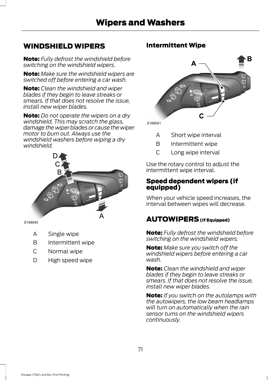 Wipers and washers, Windshield wipers, Autowipers | Windshield wipers autowipers | FORD 2015 Escape User Manual | Page 74 / 449