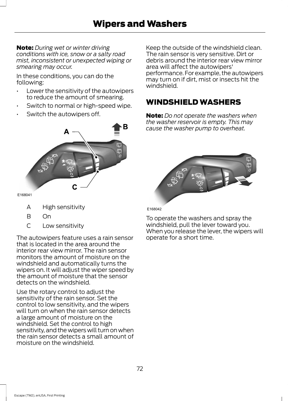 Windshield washers, Wipers and washers | FORD 2015 Escape User Manual | Page 75 / 449