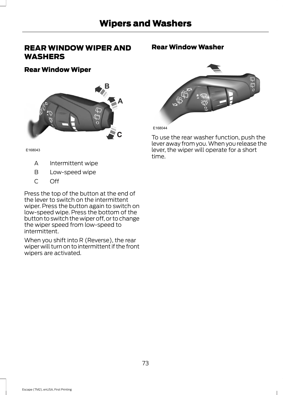 Rear window wiper and washers, Wipers and washers | FORD 2015 Escape User Manual | Page 76 / 449