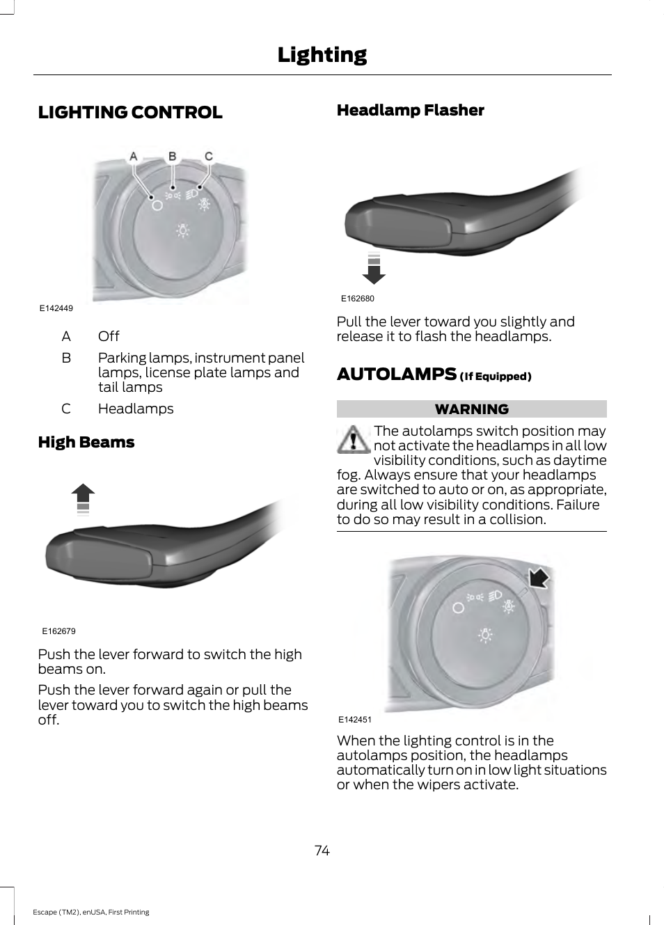 Lighting, Lighting control, Autolamps | Lighting control autolamps | FORD 2015 Escape User Manual | Page 77 / 449