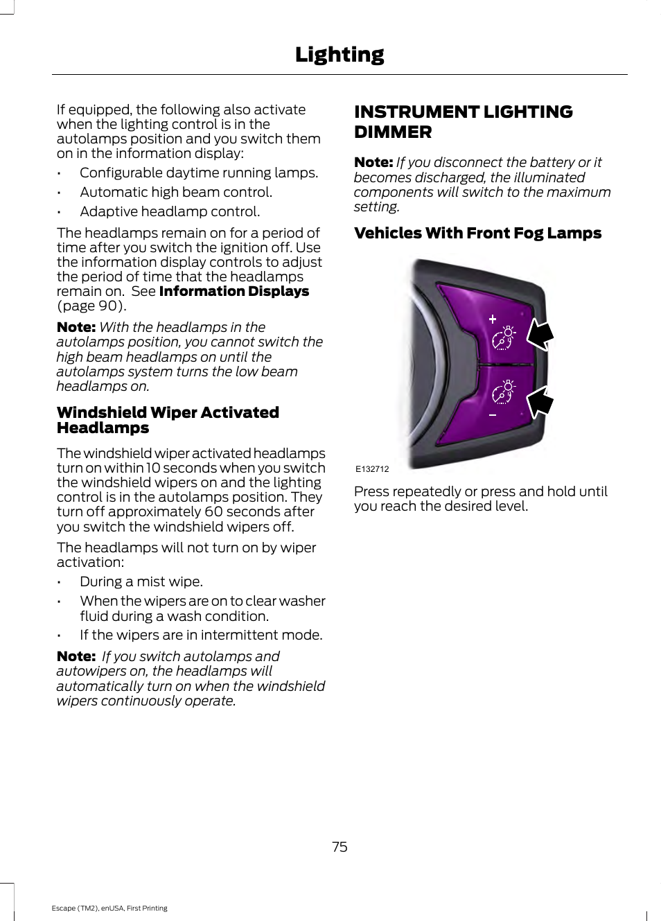 Instrument lighting dimmer, Lighting | FORD 2015 Escape User Manual | Page 78 / 449