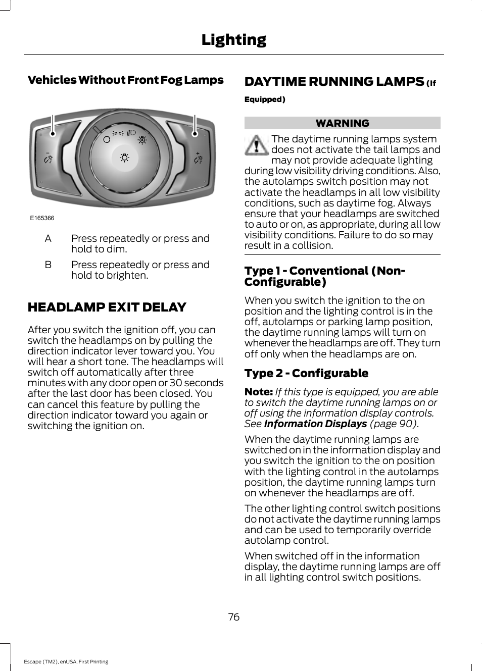 Headlamp exit delay, Daytime running lamps, Headlamp exit delay daytime running lamps | Lighting | FORD 2015 Escape User Manual | Page 79 / 449