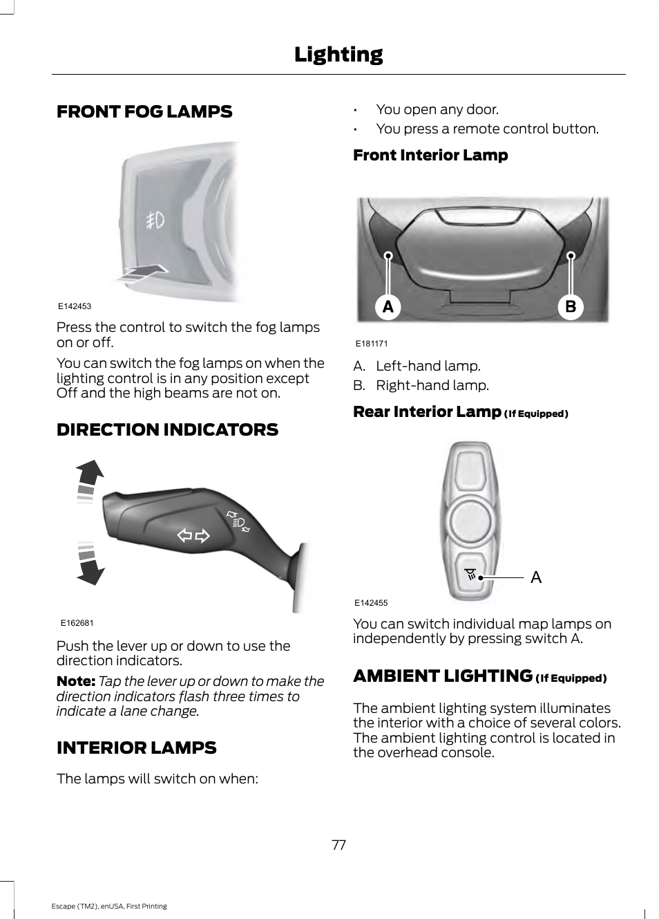 Front fog lamps, Direction indicators, Interior lamps | Ambient lighting, Lighting | FORD 2015 Escape User Manual | Page 80 / 449