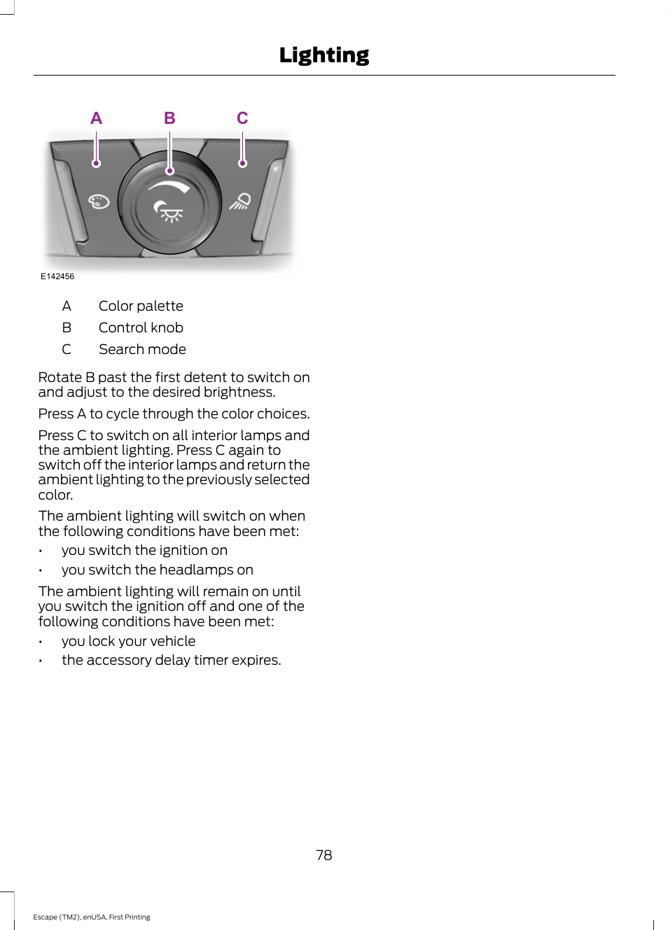 Lighting, Ab c | FORD 2015 Escape User Manual | Page 81 / 449